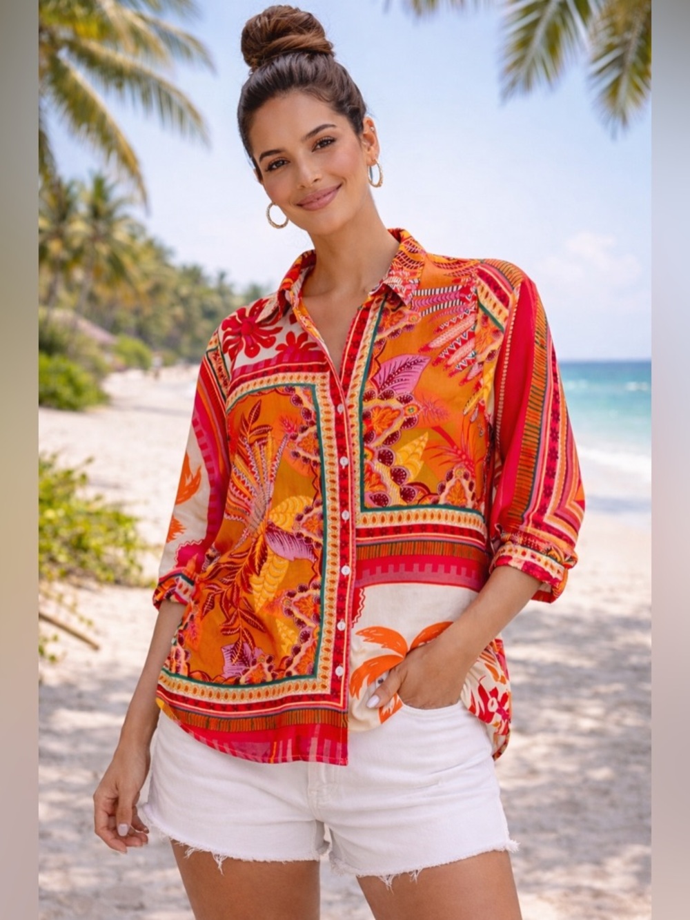 NWOT Christian Siriano Colorful Boho Tropical Blouse 1X Summer